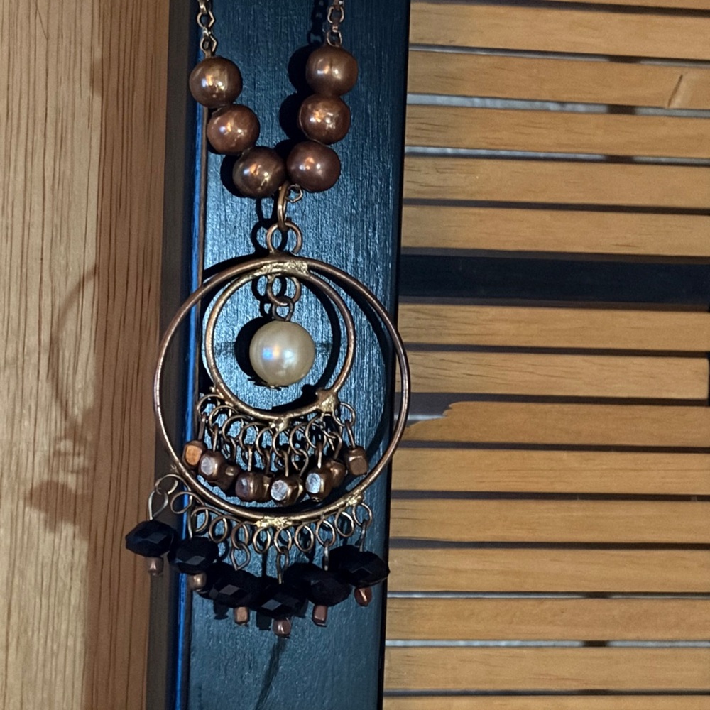 Vintage Boho Pendant Necklace EAST Signed Brass Copper Beads Dangle Statement - Picture 3 of 5